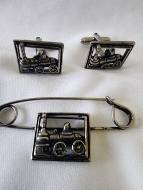 Silver Train Motif Cufflink and Pin Set - Men Accessories